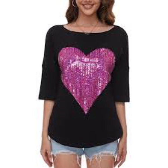 pension Tops - Sparkle Casual 3/4 Sleeve Sequin Heart Crew Neck  too Glitter Valentines